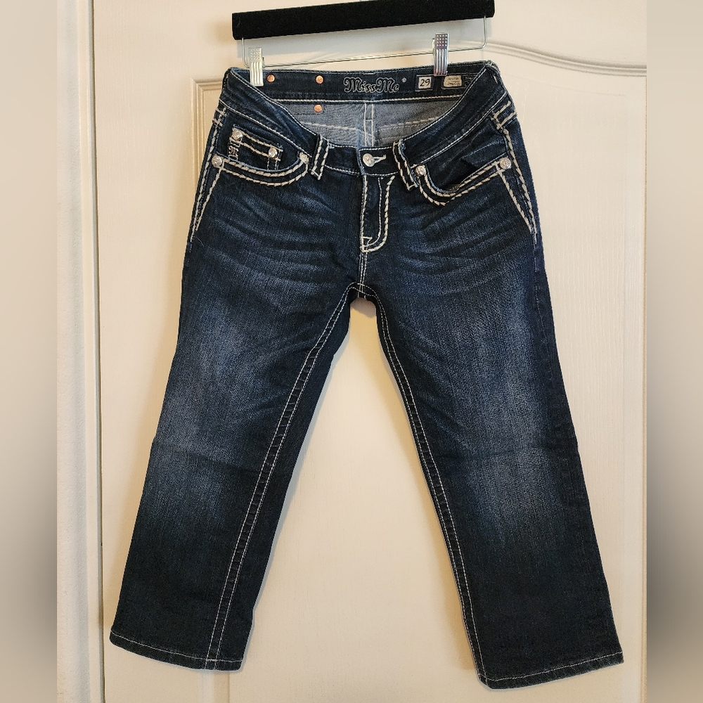 Miss Me Blue Cropped Jeans with Contrast Stitching